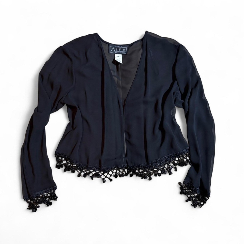 Alex Evenings Ladies Size Small Black Sheer Drip Beads Cardigan Cover VTG 90s